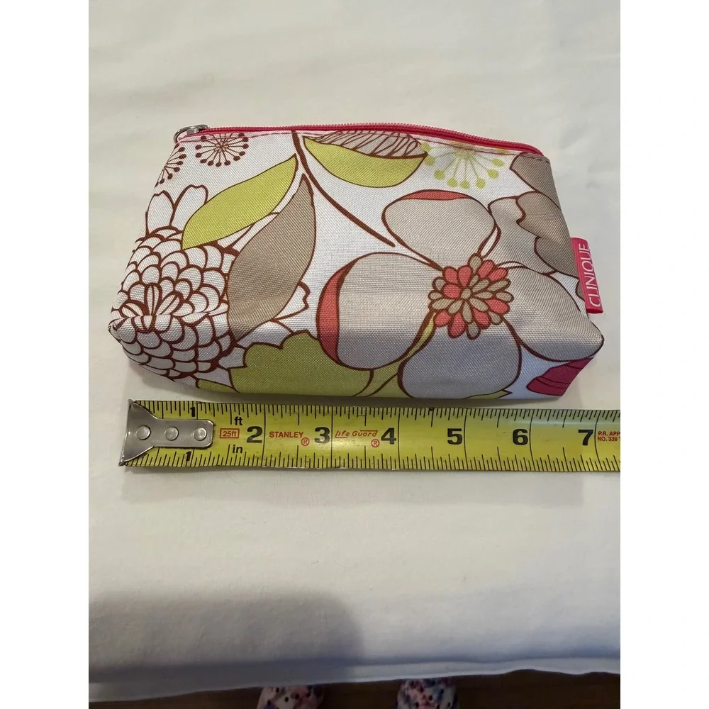 Clinique Floral Cosmetic Bag Set 3 Piece Nesting Pink Green Tan Travel Pouches